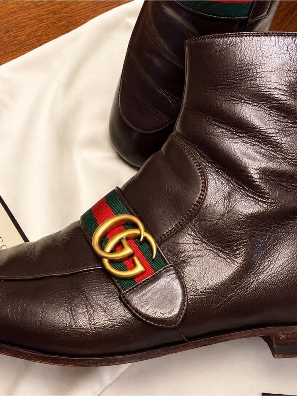 Gucci Brown Leather Men’s Ankle Chukka Boots with Green-Red Web & Gold Double G. - Picture 4 of 9